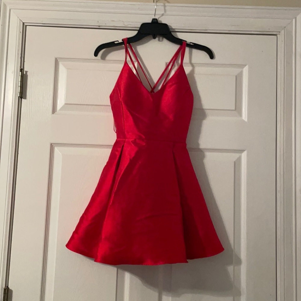 Red satin cocktail dress.